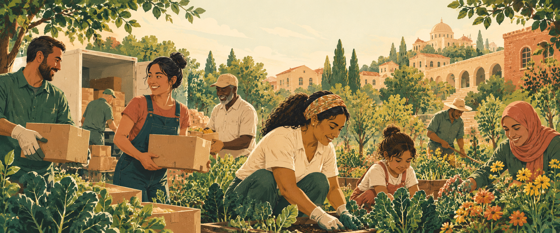 Illustration of neighbors working together in a community garden