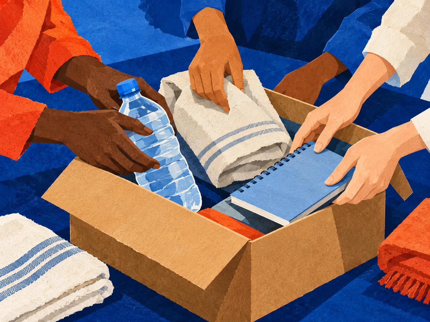Illustration of hands putting together a relief kit
